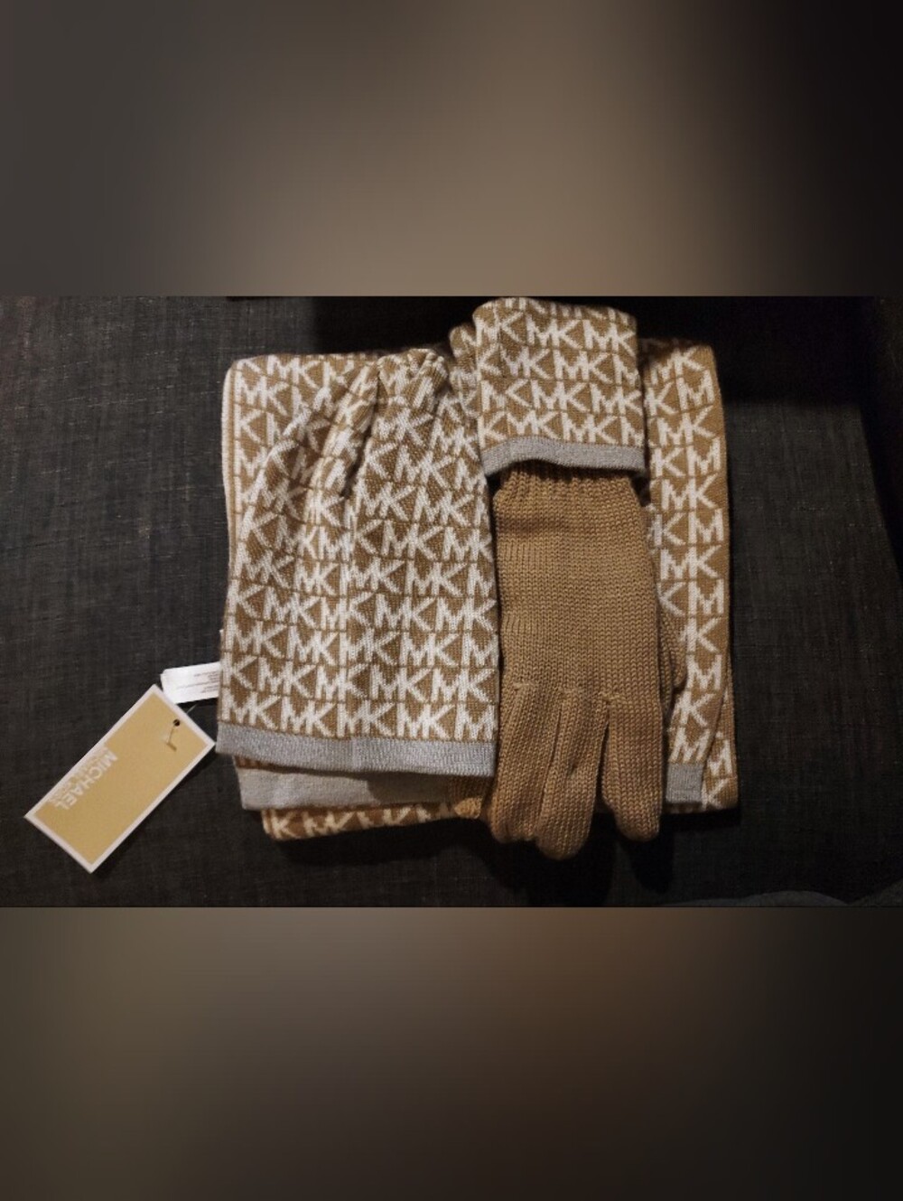 Michael Kors Tan & White Logo Hat, Scart & Glove Set